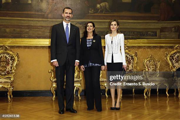 King Felipe of Spain, President of the Chamber of Deputies Laura Boldrini and Queen Letitia of Spain pose for a photo at Palazzo Montecitorio during...