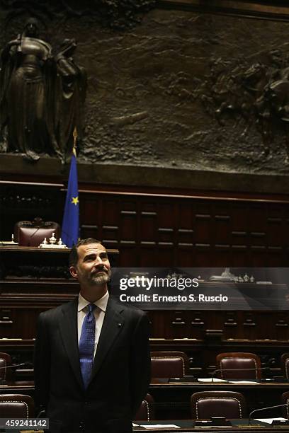 King Felipe of Spain looks around the Camera Dei Deputati at Palazzo Montecitorio during the Spanish Royal visit to Rome on November 19, 2014 in...