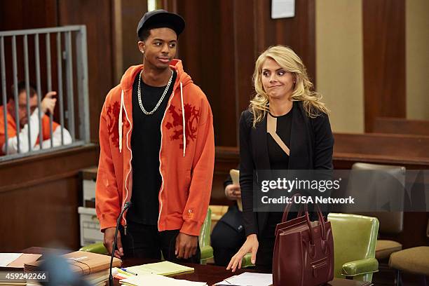 Rights and Wrongs" Episode 106 -- Pictured: Michael S. Chambers as Fletcher, Eliza Coupe as Nina --