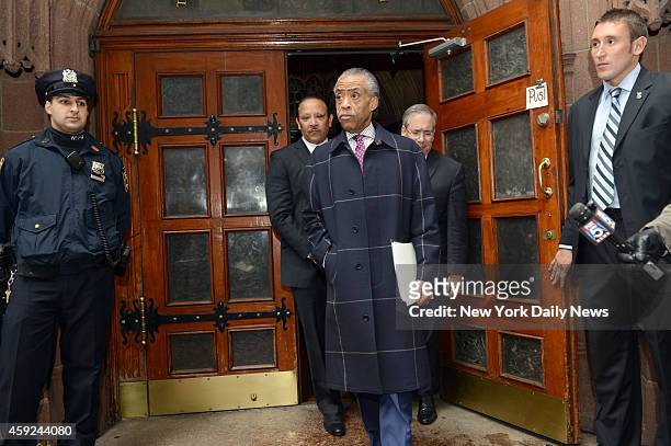 Reverend Al Sharpton joined by National Urban League President Marc Moria and Scott Stringer, speak to press after meeting with the retail industry,...