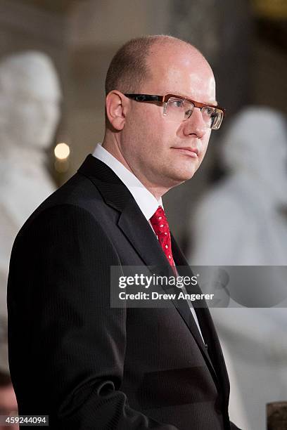 Bohuslav Sobotka, Prime Minister of the Czech Republic, speaks during a dedication ceremony for a bust of the late Czech leader Vaclav Havel on...