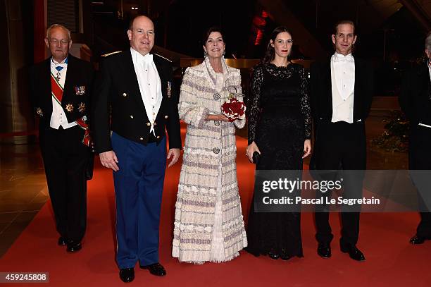 State Minister Michel Roger, Prince Albert II of Monaco, Princess Caroline of Hanover, Tatiana Santo Domingo and Andrea Casiraghi attend the Monaco...