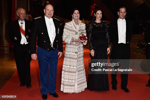 State Minister Michel Roger, Prince Albert II of Monaco, Princess Caroline of Hanover, Tatiana Santo Domingo and Andrea Casiraghi attend the Monaco...