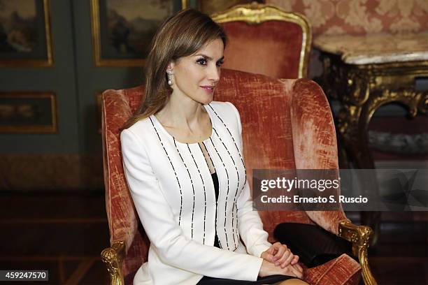 Queen Letitia of Spain meets the President of Senato Pietro Grasso at Palazzo Madama during the Spanish Royal visit to Rome on November 19, 2014 in...