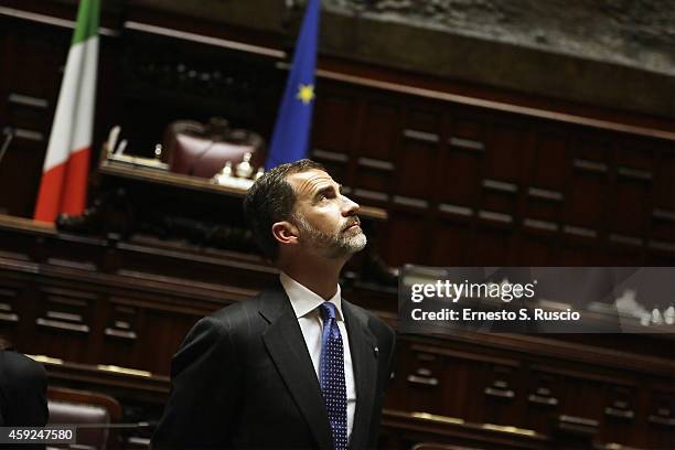 King Felipe of Spain looks around the Camera Dei Deputati at Palazzo Montecitorio during the Spanish Royal visit to Rome on November 19, 2014 in...