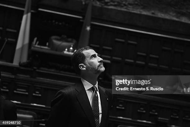 King Felipe of Spain looks around the Camera Dei Deputati at Palazzo Montecitorio during the Spanish Royal visit to Rome on November 19, 2014 in...