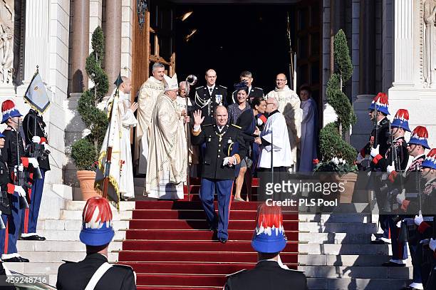 Prince Albert II of Monaco, Princess Stephanie of Monaco and Princess Caroline of Hanover leave the Cathedral of Monaco during the official...