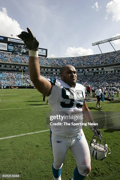 Ma'ake Kemoeatu of the Carolina Panthers walks off the field after a game against the Chicago Bears on September 14, 2008 at the Bank of America...