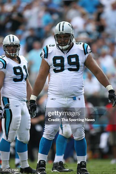 Ma'ake Kemoeatu of the Carolina Panthers looks on during a game against the Chicago Bears on September 14, 2008 at the Bank of America Stadium in...