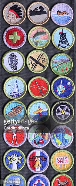 boy scout merit badges on sash - sash stock pictures, royalty-free photos & images