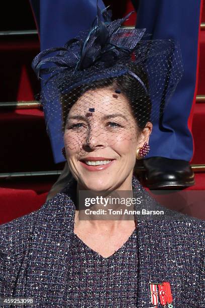 Princess Caroline of Hanover leaves the Cathedral of Monaco after a mass during the official ceremonies for the Monaco National Day at Cathedrale...