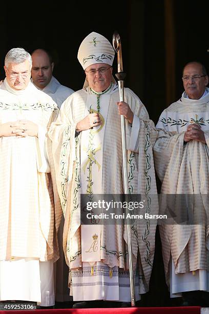 Bernard Barsi, Archeveque of Monaco welcomes guests at the Cathedral of Monaco after a mass during the official ceremonies for the Monaco National...