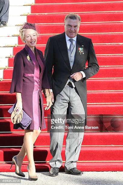 Princess Camilla, Duchess Of Castro and Prince Charles of Bourbon Two Sicilies Duke Of Castro arrive at the Cathedral of Monaco after a mass during...