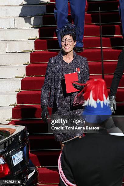 Princess Caroline of Hanover leaves the Cathedral of Monaco after a mass during the official ceremonies for the Monaco National Day at Cathedrale...