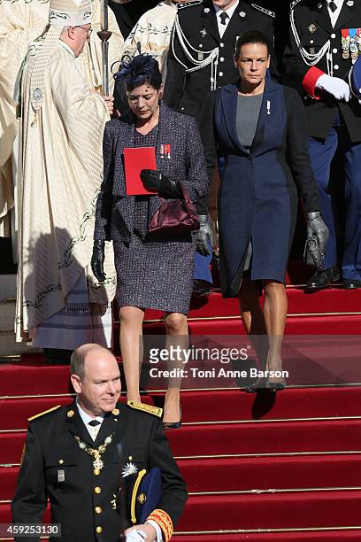 Prince Albert II of Monaco, Princess Caroline of Hanover and Princess Stephanie of Monaco leave the Cathedral of Monaco after a mass during the...