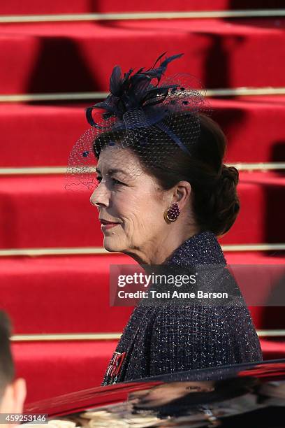 Princess Caroline of Hanover leaves the Cathedral of Monaco after a mass during the official ceremonies for the Monaco National Day at Cathedrale...