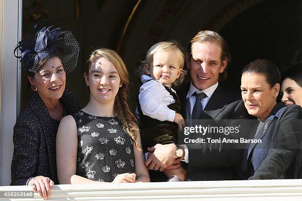 Princess Caroline of Hanover, Princess Alexandra of Hanover, Sacha Casiraghi, Andrea Casiraghi and Princess Stephanie of Monaco attend the National...