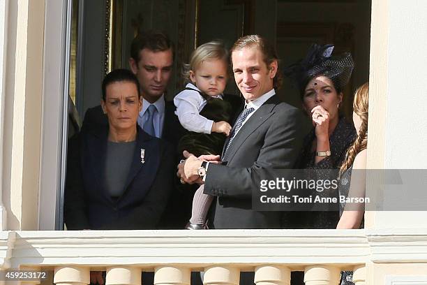 Pierre Casiraghi, Princess Stephanie of Monaco, Sacha Casiraghi, Andrea Casiraghi and Princess Caroline of Hanover attend the National Day Parade as...