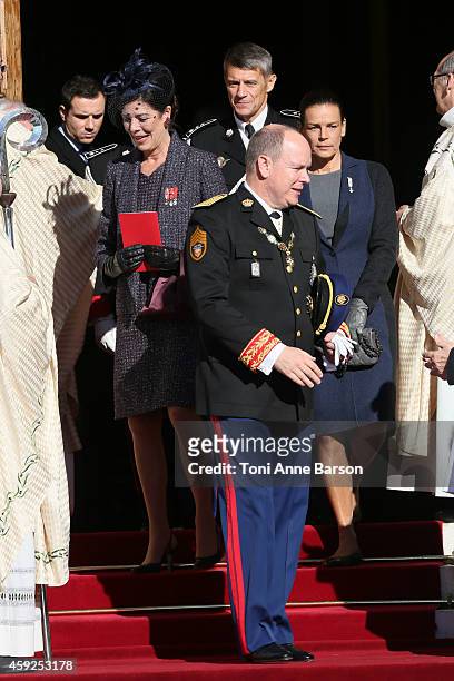 Prince Albert II of Monaco, Princess Caroline of Hanover and Princess Stephanie of Monaco leave the Cathedral of Monaco after a mass during the...