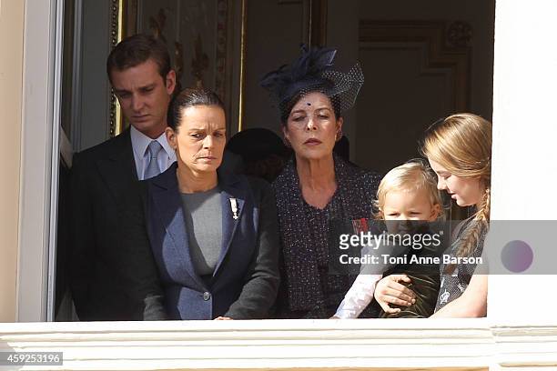 Pierre Casiraghi, Princess Stephanie of Monaco, Princess Caroline of Hanover, Sacha Casiraghi and Princess Alexandra of Hanover attend the National...