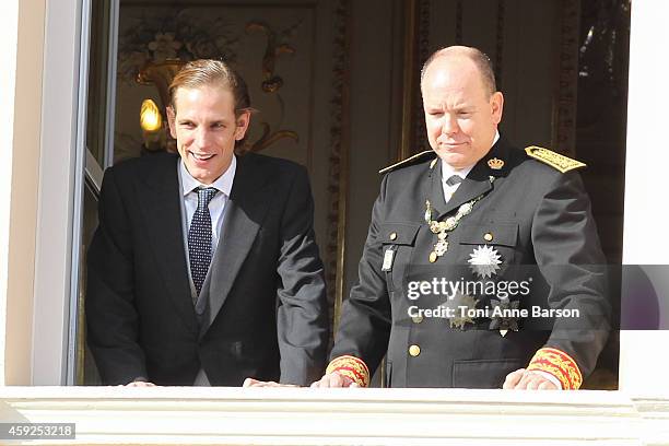 Andrea Casiraghi and Prince Albert II of Monaco attend the National Day Parade as part of Monaco National Day Celebrations at Monaco Palace on...