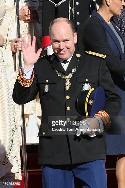 Prince Albert II of Monaco leaves the Cathedral of Monaco after a mass during the official ceremonies for the Monaco National Day at Cathedrale...
