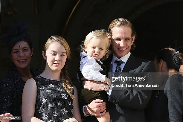 Princess Caroline of Hanover, Princess Alexandra of Hanover, Sacha Casiraghi, Andrea Casiraghi and Princess Stephanie of Monaco attend the National...