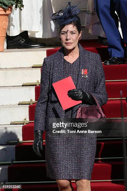 Princess Caroline of Hanover leaves the Cathedral of Monaco after a mass during the official ceremonies for the Monaco National Day at Cathedrale...