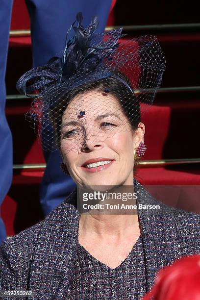 Princess Caroline of Hanover leaves the Cathedral of Monaco after a mass during the official ceremonies for the Monaco National Day at Cathedrale...