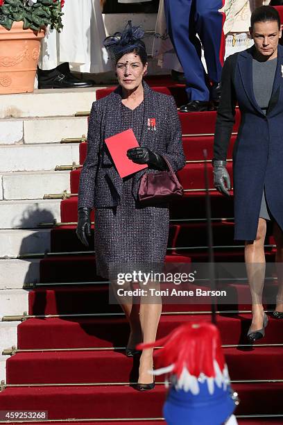 Princess Caroline of Hanover leaves the Cathedral of Monaco after a mass during the official ceremonies for the Monaco National Day at Cathedrale...