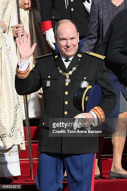 Prince Albert II of Monaco leaves the Cathedral of Monaco after a mass during the official ceremonies for the Monaco National Day at Cathedrale...