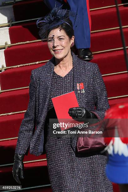 Princess Caroline of Hanover leaves the Cathedral of Monaco after a mass during the official ceremonies for the Monaco National Day at Cathedrale...