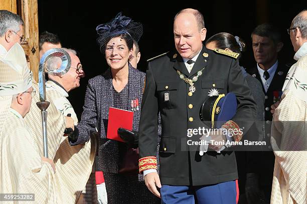 Prince Albert II of Monaco, Princess Caroline of Hanover and Princess Stephanie of Monaco leave the Cathedral of Monaco after a mass during the...