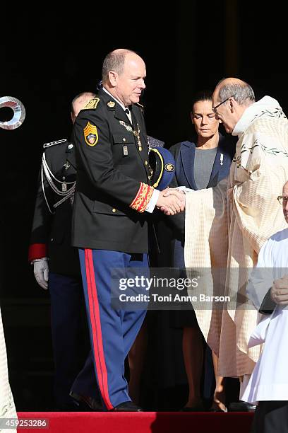 Prince Albert II of Monaco leaves the Cathedral of Monaco after a mass during the official ceremonies for the Monaco National Day at Cathedrale...