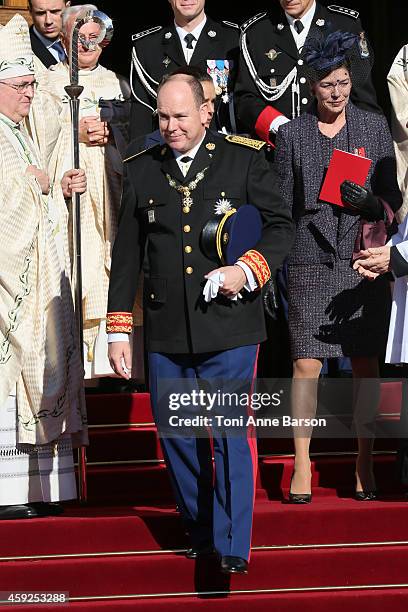 Prince Albert II of Monaco leaves the Cathedral of Monaco after a mass during the official ceremonies for the Monaco National Day at Cathedrale...