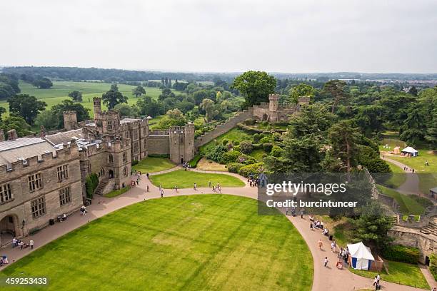 aerial view of the medieval castle in warwick, england - warwick castle stock pictures, royalty-free photos & images