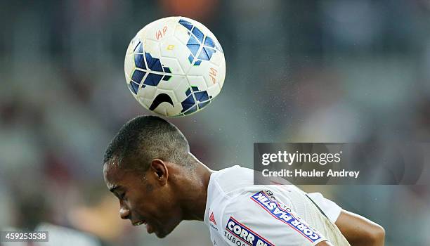 Robinho of Santos during the match between Atletico-PR and Santos for the Brazilian Series A 2014 at Arena da Baixada on November 19, 2014 in...