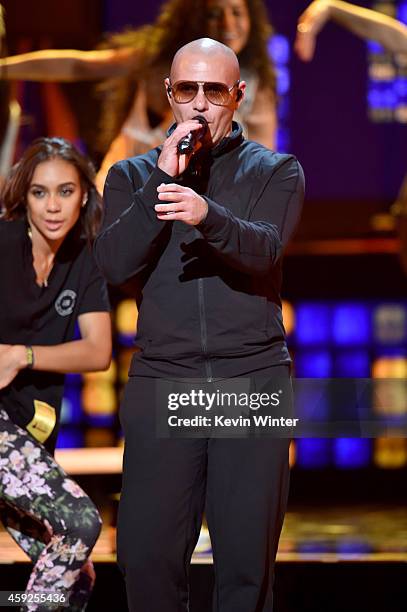 Rapper Pitbull performs onstage during rehearsals for the 15th annual Latin GRAMMY Awards at the MGM Grand Garden Arena on November 19, 2014 in Las...