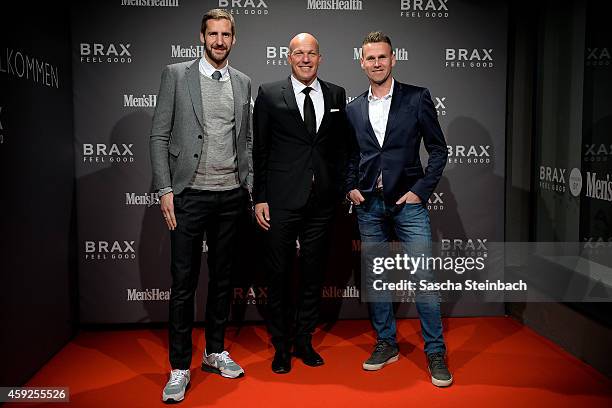 Goalkeeper Christopher Heimeroth of Borussia Moenchengladbach, Lars Bultink, managing director of Brax Store and Filip Daems of Borussia...