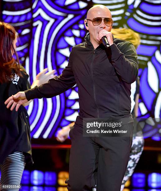 Rapper Pitbull performs onstage during rehearsals for the 15th annual Latin GRAMMY Awards at the MGM Grand Garden Arena on November 19, 2014 in Las...