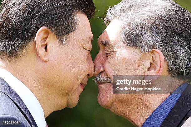 President Xi Jinping Of China is greeted with a hongi by Government House Kaumatua Lewis Moeau during a State Welcome at Government House on November...