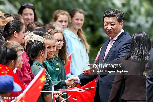 President Xi Jinping of China greets school children during a State Welcome at Government House on November 20, 2014 in Wellington, New Zealand....