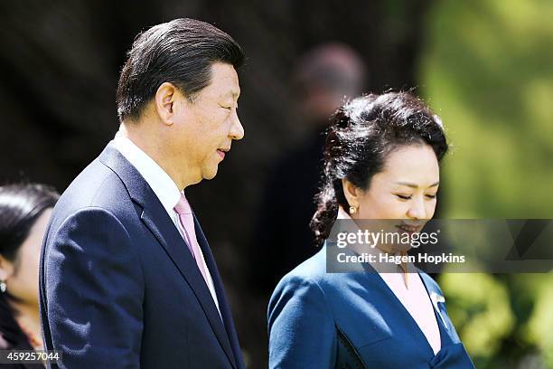 President Xi Jinping and Madame Peng Liyuan of China arrive during a State Welcome at Government House on November 20, 2014 in Wellington, New...