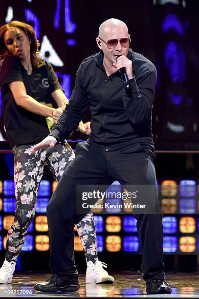 Rapper Pitbull performs onstage during rehearsals for the 15th annual Latin GRAMMY Awards at the MGM Grand Garden Arena on November 19, 2014 in Las...