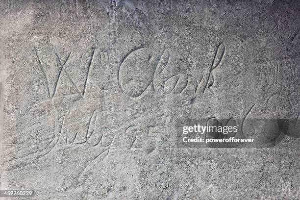 william clark's inscription on pompeys pillar national monument - meriwether lewis stock pictures, royalty-free photos & images