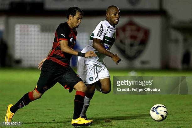 Vinicius of Vitoria battles for the ball with Luccas Claro of Coritiba during the match between Vitoria and Coritiba as part of Brasileirao Series A...