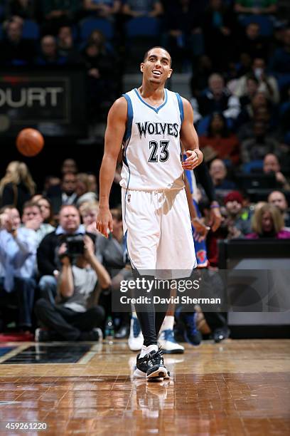 Kevin Martin of the Minnesota Timberwolves smiles during a game against the New York Knicks on November 19, 2014 at Target Center in Minneapolis,...