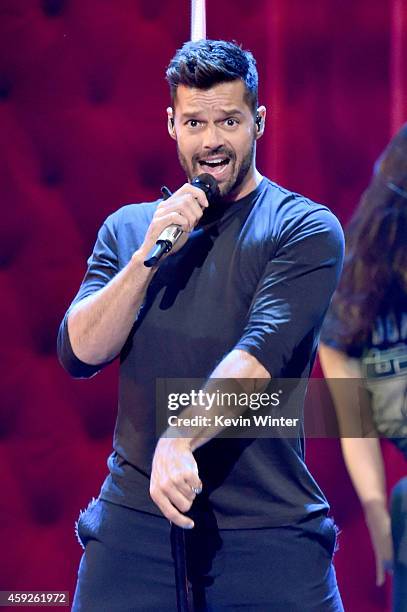 Singer Ricky Martin performs onstage during rehearsals for the 15th annual Latin GRAMMY Awards at the MGM Grand Garden Arena on November 19, 2014 in...