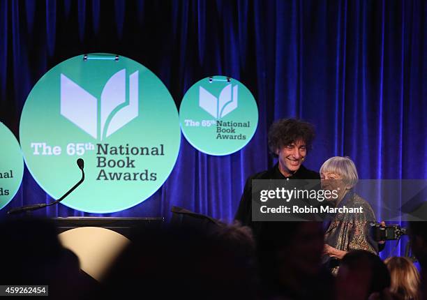 Neil Gaiman and Ursula K. Le Guin attend 2014 National Book Awards on November 19, 2014 in New York City.