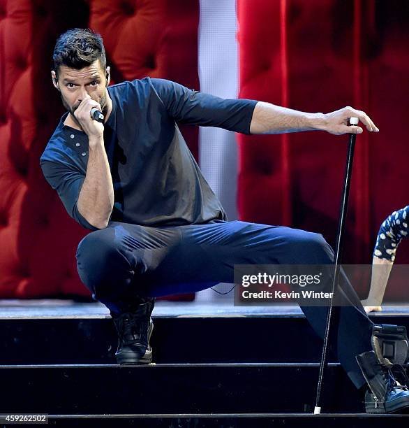 Singer Ricky Martin performs onstage during rehearsals for the 15th annual Latin GRAMMY Awards at the MGM Grand Garden Arena on November 19, 2014 in...